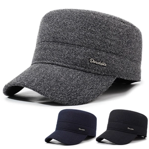 Men Winter Cadet Cap With Ear Protection Flaps Warm Woolen Flat Top Hat For Cold Weather Adjustable Fit