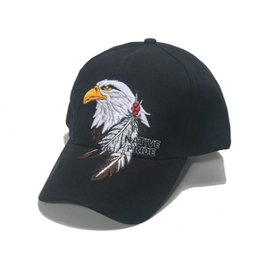 Détail de la broderie d'aigle et de plumes sur une casquette noire avec texte Native Pride