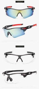 Detail view of sport cycling sunglasses in black frames with gold and transparent lenses