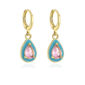 Detail of gold drop earrings with blue enamel and pink teardrop zircon on white background
