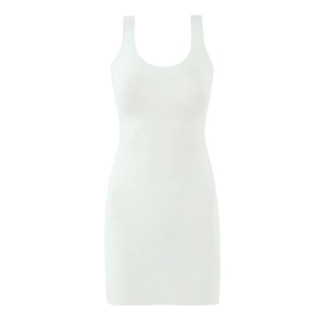 White sleeveless ribbed knit bodycon dress with scoop neckline for a slim fit
