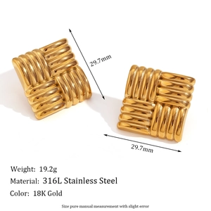 Detailed macro view of 18K gold plated square earrings with woven texture and dimensions