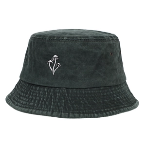 Detail of vintage washed cotton bucket hat with white mushroom embroidery and air vents