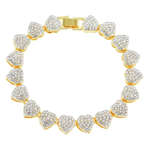 Hip hop style gold heart link bracelet with sparkling cubic zirconia pavé setting