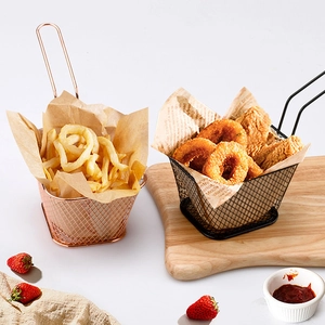 Square mini stainless steel fry baskets in rose gold and black finish with side handles