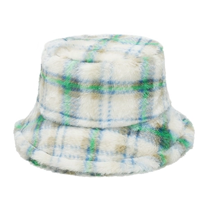 Winter plaid faux rabbit fur bucket hat in green and white check patterns