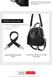 Detail of black pebbled leather backpack with detachable strap and cartoon pendant