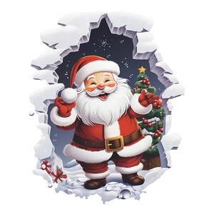 3D Christmas wall sticker featuring Santa Claus and tree breaking through a snowy wall