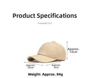 Detailed size parameters of the woven straw baseball cap showing height and dimensions