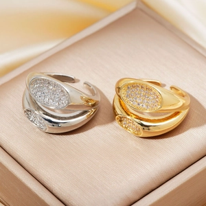 Women Double Layer Zirconia Ring Elegant Open Adjustable Copper Finger Ring Light Luxury Fashion Jewelry Gold Silver Accessory