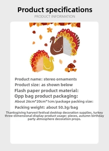 Detailed specifications of 3D glitter paper turkey tabletop decoration for Thanksgiving