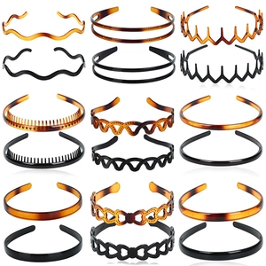 12-piece set of black and amber plastic headbands with wavy and tooth comb designs