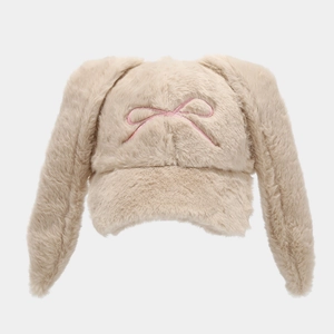 Cute plush rabbit ear baseball cap with pink bow embroidery for women in beige color
