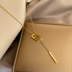 Minimalist Geometric Interlocking Squares Long Bar Pendant Y Necklace Gold Plated Titanium Steel Elegant Jewelry