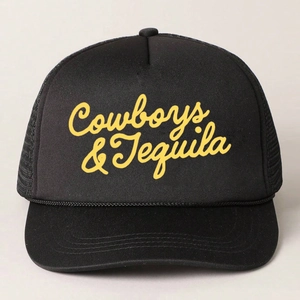 Black trucker hat with yellow Cowboys & Tequila print and breathable mesh back