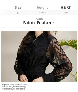 Detailed close-up of intricate floral lace embroidery on black V-neck puff sleeve dress