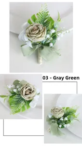 Detail view of sage green artificial rose boutonniere with fern and lily of the valley