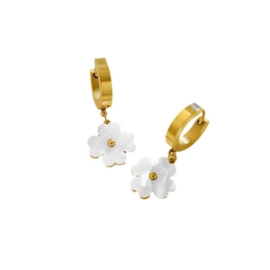 Golden titanium steel hoop earrings featuring elegant white clover flower pendants