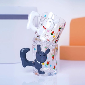 Japanese style 3D cartoon bunny glass mugs with cute animal handle and floral patterns
