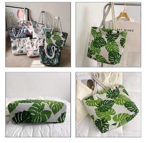 Detail of printed canvas tote with thick cotton rope handles and monstera leaf patterns