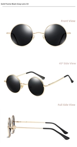 Three-view layout of retro round gold metal sunglasses with dark gray polarized lenses