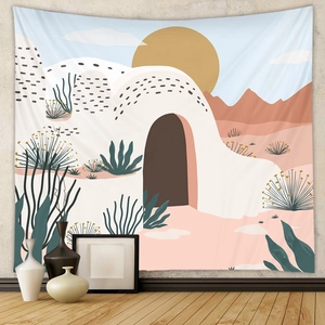 Detail of boho tapestry with desert landscape and cacti on a textured wall