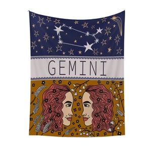 Detail of Gemini zodiac tapestry showing celestial star patterns and retro female portraits