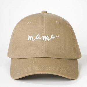 Adjustable khaki cotton baseball cap with mama text and pink heart embroidery