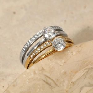 Bague en Acier Inoxydable à Double Couche avec Zirconia Plaqué Or Argent Serti Pavé CNC Bijoux Minimalistes pour Femmes