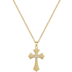 Luxurious gold stainless steel cross necklace with micro-pave crystals on white background