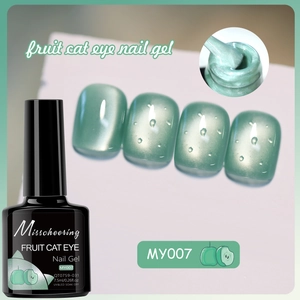 Close-up of Misscheering MY007 fruit cat eye nail gel bottle and swatches with water droplets