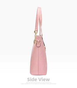 Side view of pink faux leather handbag with gold hardware and chain detail