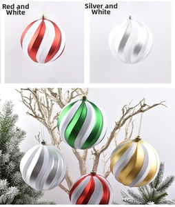 Detailed view of 15cm spiral patterned Christmas balls in red, silver, green, and gold