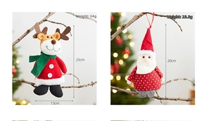 Detailed view of reindeer and Santa plush hanging ornaments with dimensions and weights
