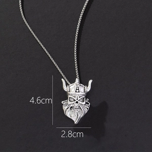 Detail of Viking warrior skull pendant with dimensions 4.6cm by 2.8cm on box chain