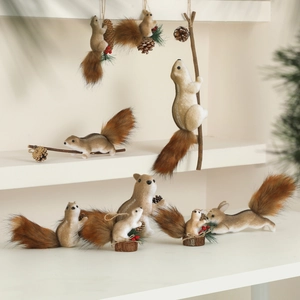 Realistic squirrel ornaments with pine cones for Christmas tree decoration set