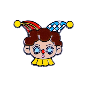Cute cartoon joker enamel pin with colorful jester hat for backpacks and clothing