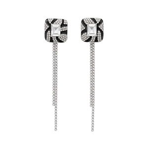 Art Deco square tassel earrings with black and white geometric inlay and sparkling crystals