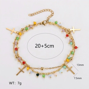 Bracelet double couche en acier inoxydable avec perles colorées et croix dorées