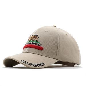 Beige cotton baseball cap featuring California Republic bear embroidery and curved brim