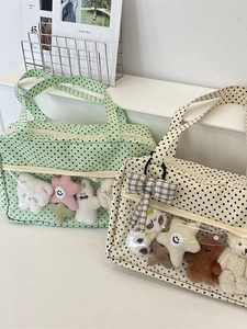 Polka dot canvas tote bag with transparent PVC window and cute plush charms