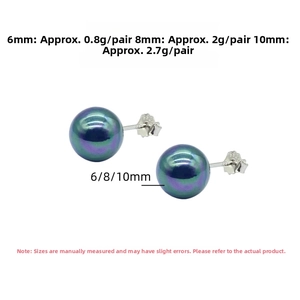 Macro detail of S925 sterling silver peacock pearl studs in 6mm, 8mm, and 10mm sizes