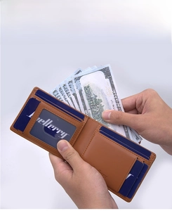 Detailed view of brown bifold wallet with RFID protection, card slots and cash compartment
