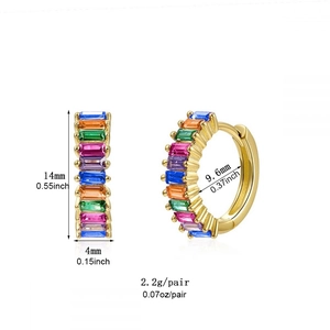 Luxury gold hoop earrings with multi-color rectangular zircon stones and dimensions