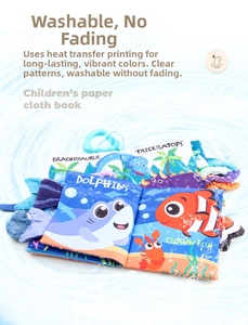 Washable waterproof baby cloth book showing dolphin and fish with heat transfer printing
