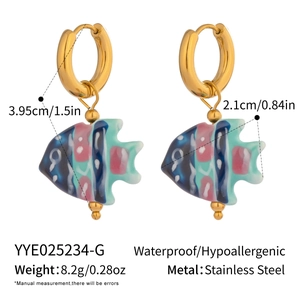 Detail view of colorful ceramic fish earrings with size measurements and material specs