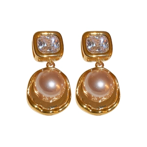 French vintage earrings with square zircon and gold-plated lava texture pearl drops