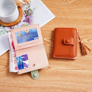 Minimalist short fold purse for women in orange brown and pink with multi card slots