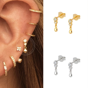 Minimalist S925 sterling silver drop earrings with zircon in gold and silver finish