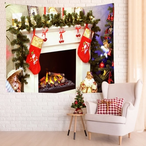 Christmas fireplace tapestry wall hanging with festive tree and stocking decorations